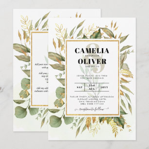 Elegante All-in-1 Greenery Gold Blätter Hochzeit Einladung