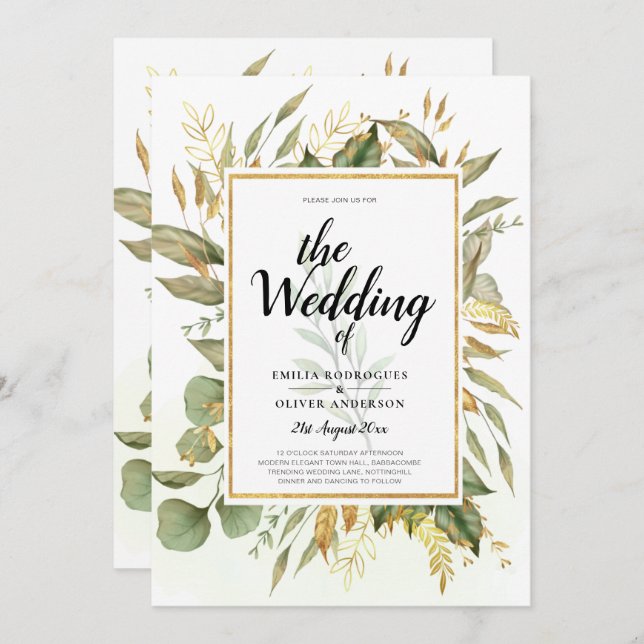 Elegante All-in-1 Greenery Gold Blätter Hochzeit Einladung (Vorne/Hinten)