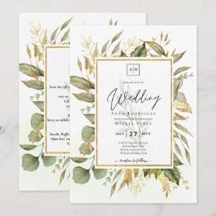 Elegante All-in-1 Greenery Gold Blätter Hochzeit Einladung