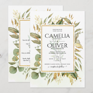 Elegante All-in-1 Greenery Gold Blätter Hochzeit Einladung