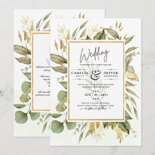 Elegante All-in-1 Greenery Gold Blätter Hochzeit Einladung