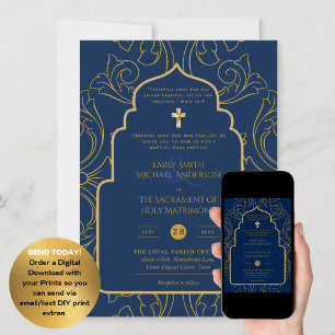 Elegante All-in-1 Navy Blue Gold katholische Hochz Einladung