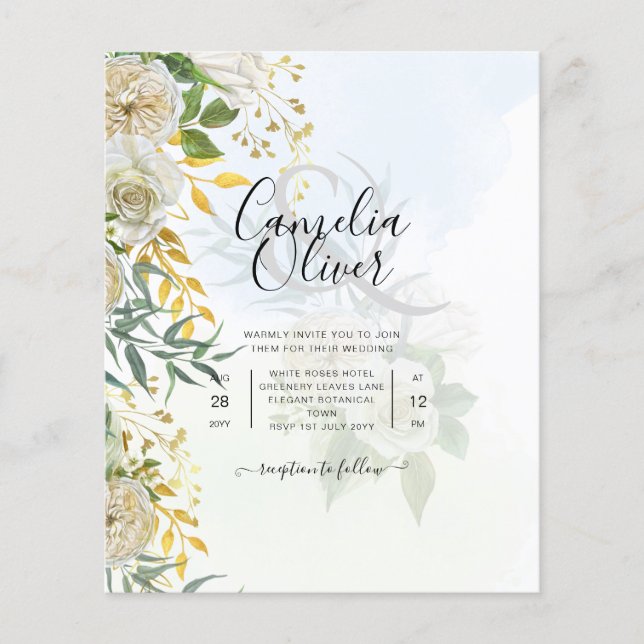 Elegante All-in-1 White Roses Botanische Hochzeit Flyer (Vorne)