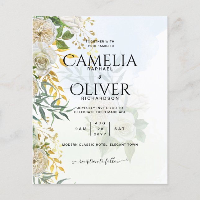Elegante All-in-1 White Roses Botanische Hochzeit Flyer (Vorne)