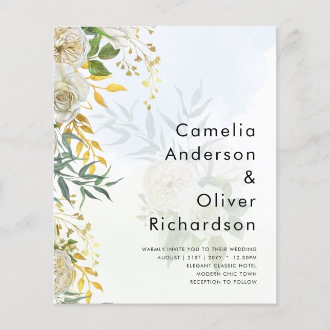 Elegante All-in-1 White Roses Botanische Hochzeit Flyer (Vorne)