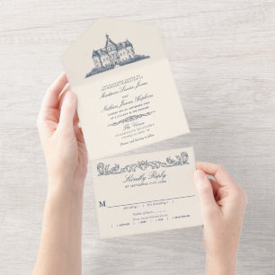 Elegante alte Schlossvilla-Hochzeit All In One Einladung