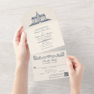 Elegante alte Schlossvilla Hochzeits-QR-Code All In One Einladung
