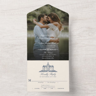 Elegante alte Schlossvilla-Hochzeitsfoto All In One Einladung