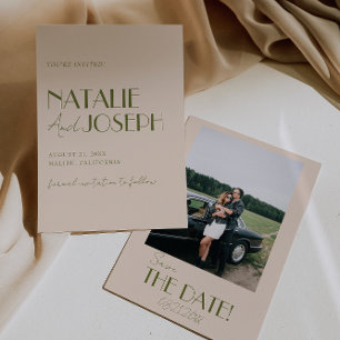 Elegante, altmodische, olivgrüne Hochzeitsfotos im Save The Date