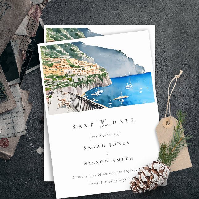 Elegante Amalfi Küste Italien Wasserfarbene Landsc Save The Date (Von Creator hochgeladen)