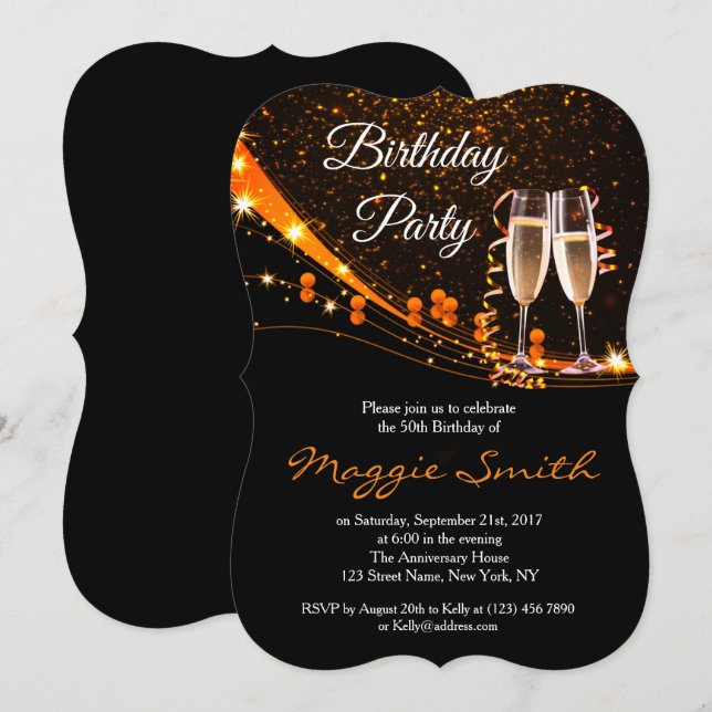 Elegante Amber Champagne Geburtstagsparty Einladun Einladung (Vorne/Hinten)