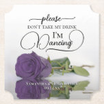 Elegante Amethyst-Rose Nimm meine Trinkehe nicht m Untersetzer<br><div class="desc">Dieser Untersetzer ist elegant, stilvoll und macht Spaß! Das Foto eines Single mit einer lila Rose aus Amethysten, die in einem Wasserbecken eingebettet ist. Der Text lautet "Bitte nimm meinen Drink nicht, ich tanze", geschrieben in modernen Schriftzeichen. Es gibt Platz für die Namen des Paares und das Hochzeitsdatum am Ende....</div>