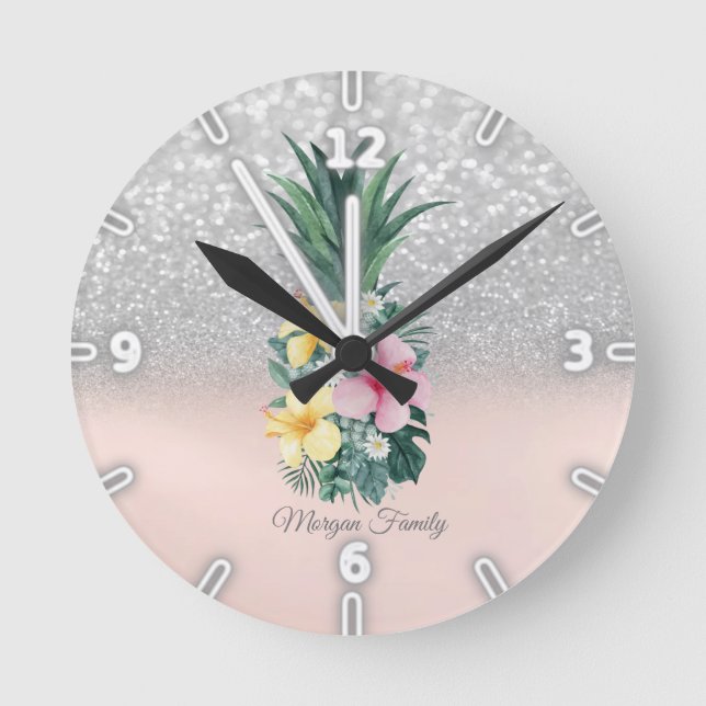 Elegante Ananas Blume Silver Glitzer Bokeh Runde Wanduhr (Vorderseite)