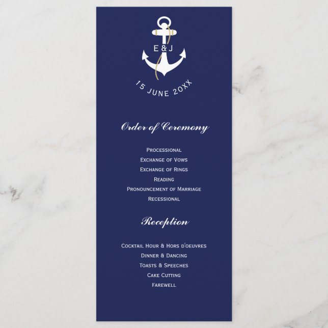 Elegante Anchor Nautical Wedding Initials Programm (Vorderseite)
