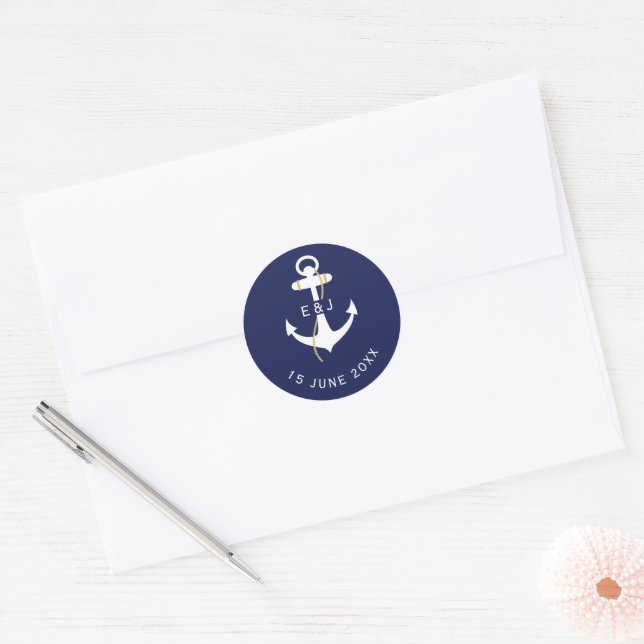 Elegante Anchor Nautical Wedding Initials Runder Aufkleber (Umschlag)
