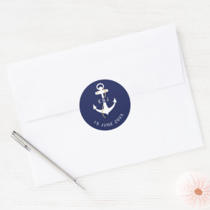Elegante Anchor Nautical Wedding Initials Runder Aufkleber