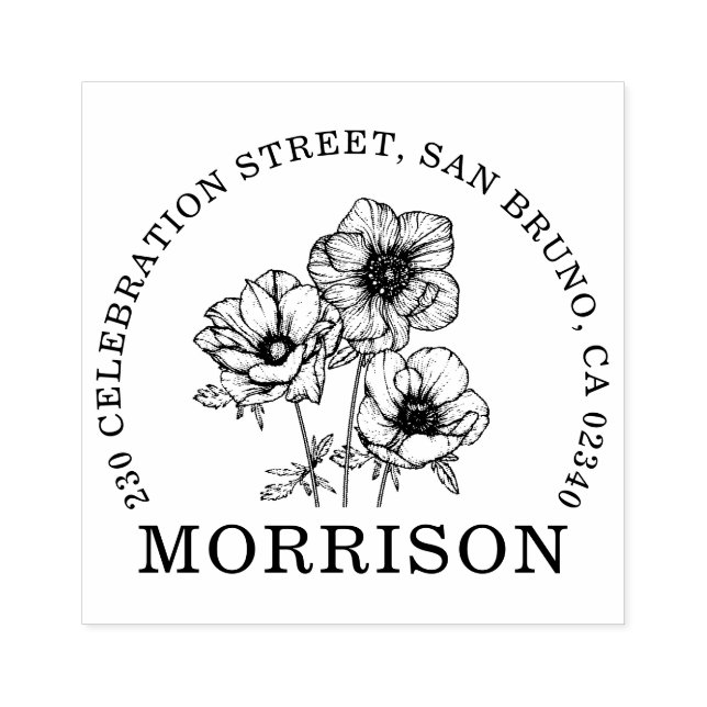 Elegante Anemone Blume Name Runde Rücksendeadresse Gummistempel (Prägung)