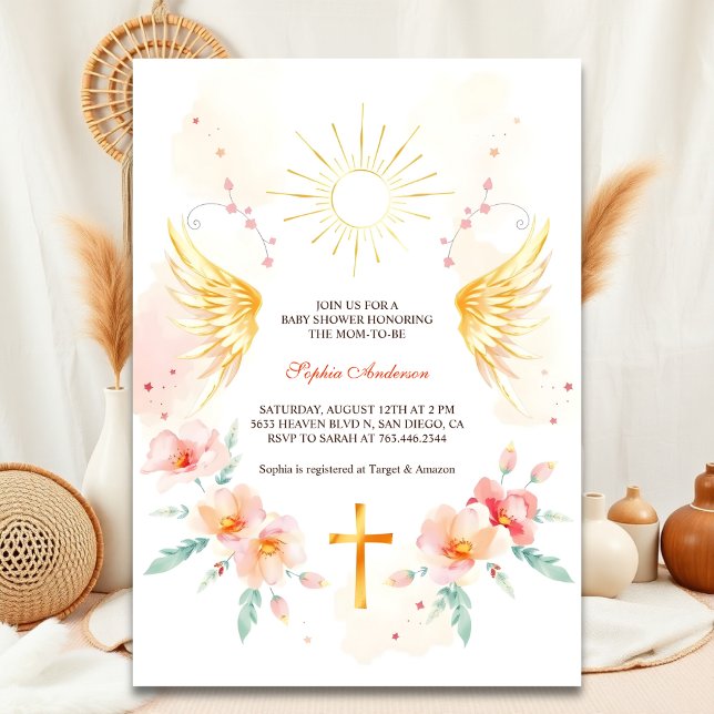Elegante Angel Wings Christlich Cross Baby Dusche Einladung (Elegant Angel Wings Christian Cross Baby Shower Invitation)