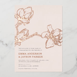 Elegante anmutige Magnolie Hochzeit Blush Roségold Folieneinladung
