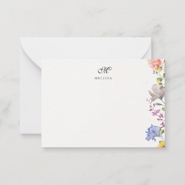 Elegante anpassbare Name und Initiale Wildblume  Mitteilungskarte (Vorderseite)