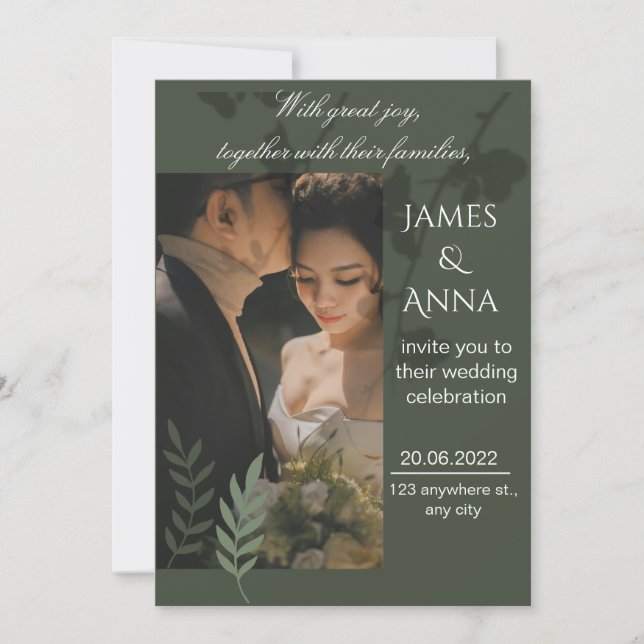 Elegante, anpassbare oliven-grüne Hochzeit  Einladung (Vorderseite)