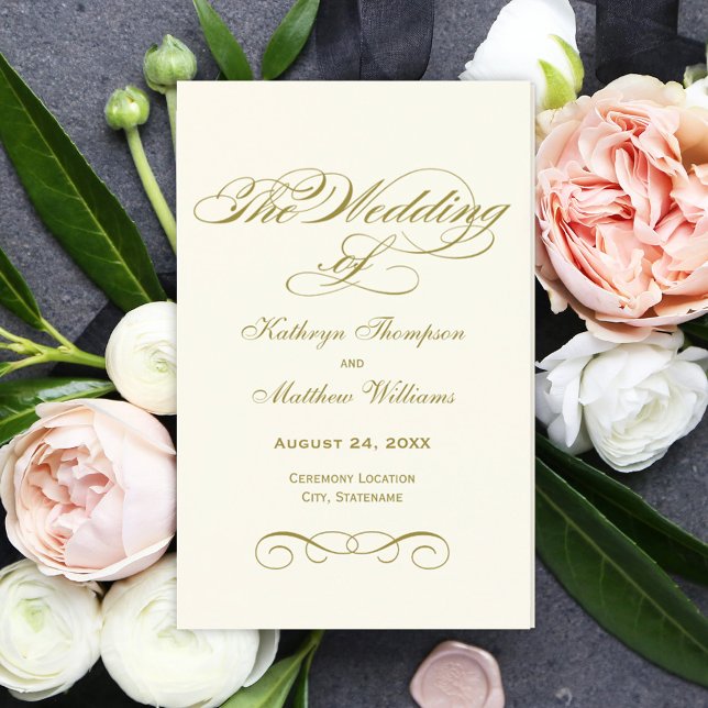 Elegante antike Goldkalligraphie-Hochzeitsprogramm (Von Creator hochgeladen)