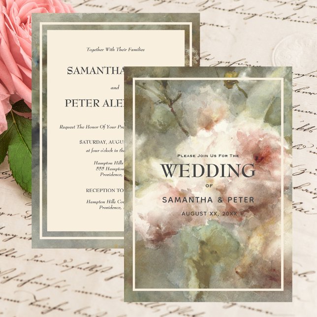 Elegante antike Rose, weich rosa Aquarellblume Einladung (Elegant Antique Roses, Soft Pink & Green Wedding Invitation)