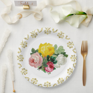 Elegante antike Rosen mit goldenen Blumenhochzeit  Pappteller