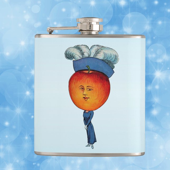Elegante Apple-Hauptdame Feather Hat Flachmann (Anthropormorphic apple head lady fancy blue dress feathered hat on light blue drinking flask.)