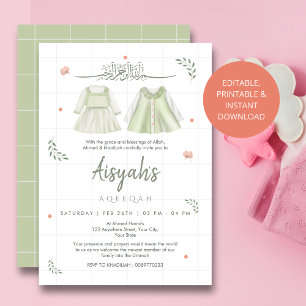 Elegante Aqiqah-Einladung im Salbeigrün für Babys  Einladung