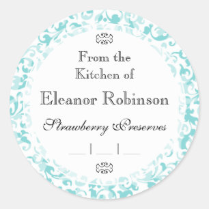 Elegante Aqua Aquamarin Damask Scrolls Runder Aufkleber