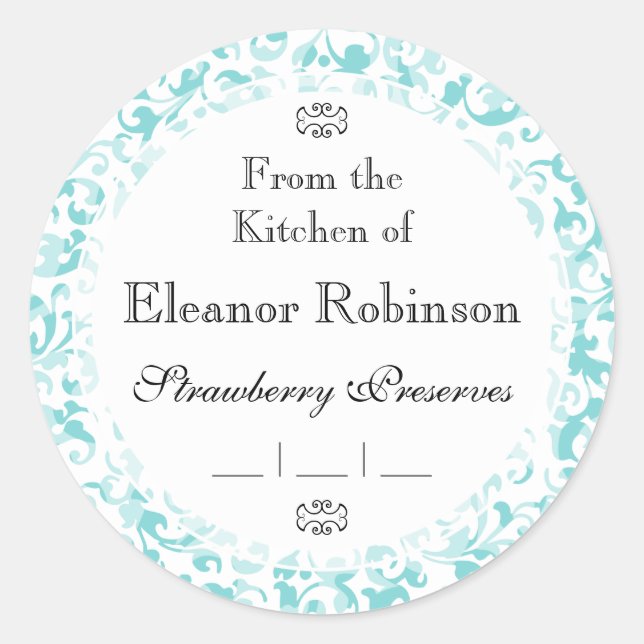 Elegante Aqua Aquamarin Damask Scrolls Runder Aufkleber (Vorderseite)