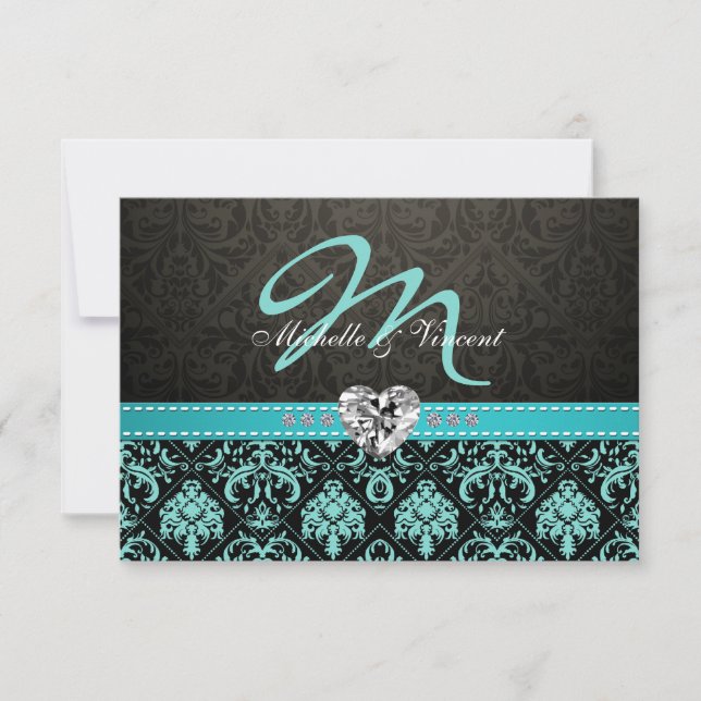 Elegante Aqua Blue and Black Damask Monogram UAWG RSVP Karte (Vorderseite)