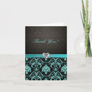 Elegante Aqua Blue / Black Damask "Danke" Karten