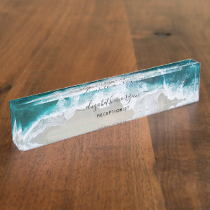 Elegante Aqua Blue Green Beach Script Receptionist Namensplakette