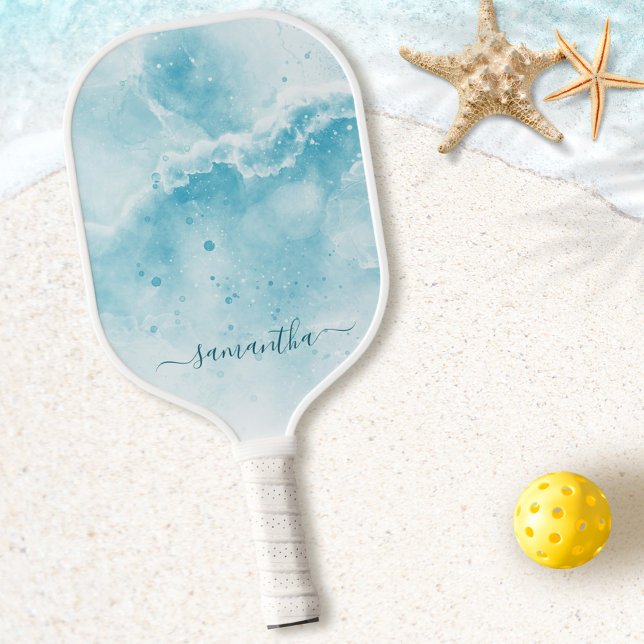 Elegante Aqua Blue Ocean Coastal Mit Monogramm Pickleball Schläger (Von Creator hochgeladen)