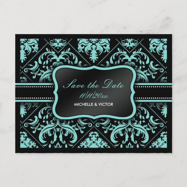 Elegante Aqua Blue und Black Damask Save the Date Ankündigungspostkarte (Vorderseite)