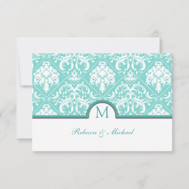 Elegante Aqua Blue & White Damask Monogram UAWG RSVP Karte (Vorderseite)