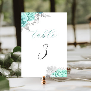 Elegante Aqua Blumen Silber Hochzeit Tischnummer