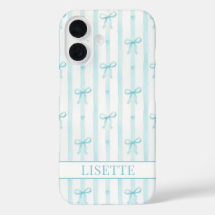 Elegante aqua gestreifte Coquette-Schleifen Monogr iPhone 16 Hülle