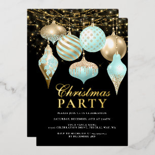 Elegante Aqua Gold Ornamente Weihnachten Party Folieneinladung