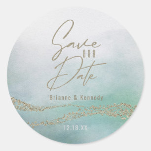 Elegante Aqua & Gold Save the Date Runder Aufkleber