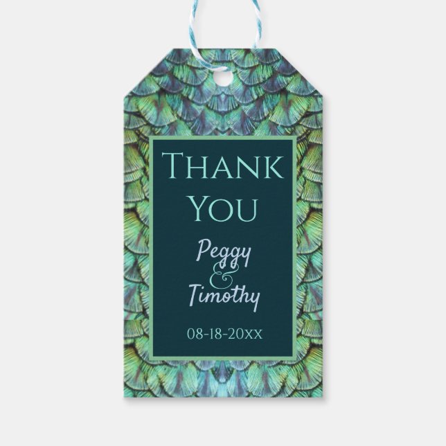 Elegante Aqua Peacock Feathers Gastgeschenk Hochze Geschenkanhänger (Vorderseite)