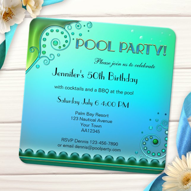 Elegante Aqua Pool Party Einladung (Fancy artistic teal green adult pool party invitation)