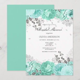 Elegante Aqua-Silber-Blumen-Brautparty  Einladung
