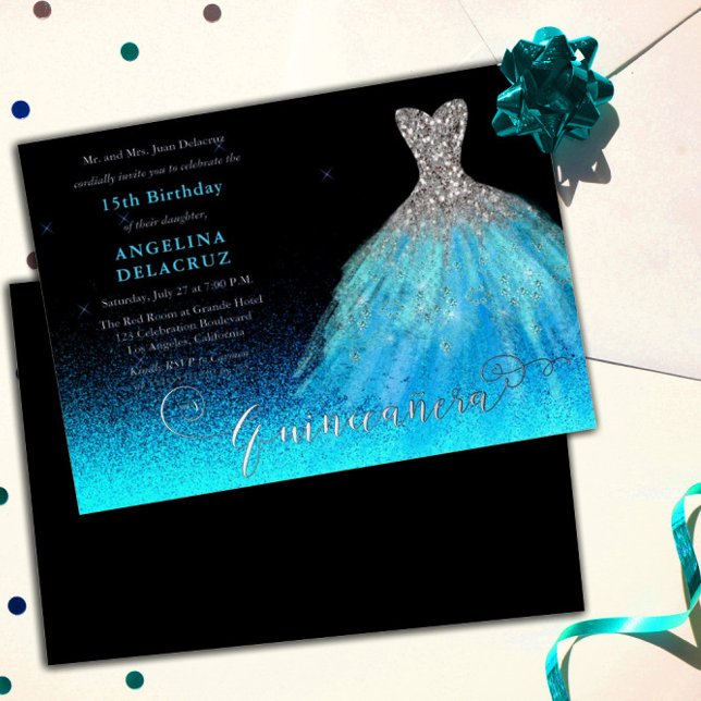 Elegante Aqua Spanish Gown Quinceañera - Silber Folieneinladung (Von Creator hochgeladen)