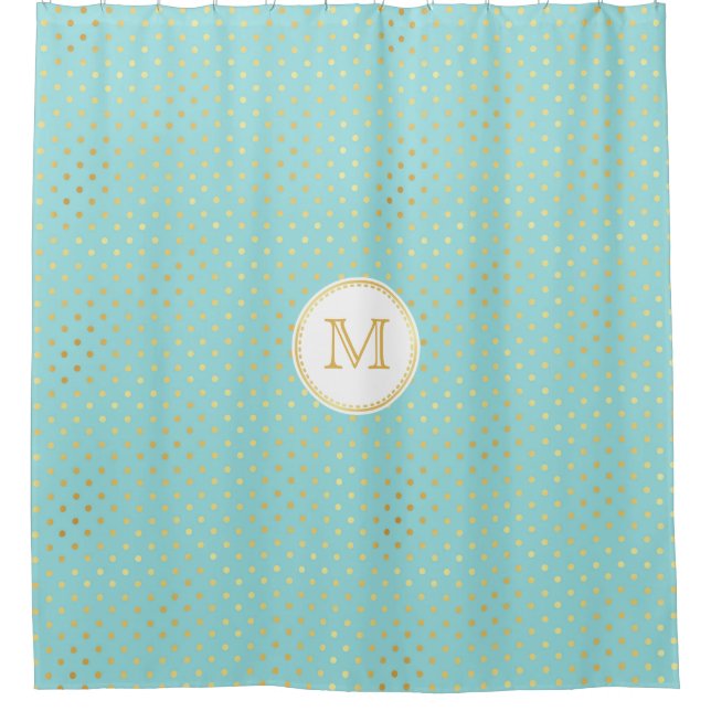 Elegante Aqua- und Goldpolka-Punkte mit Monogramm Duschvorhang (Vorderseite)