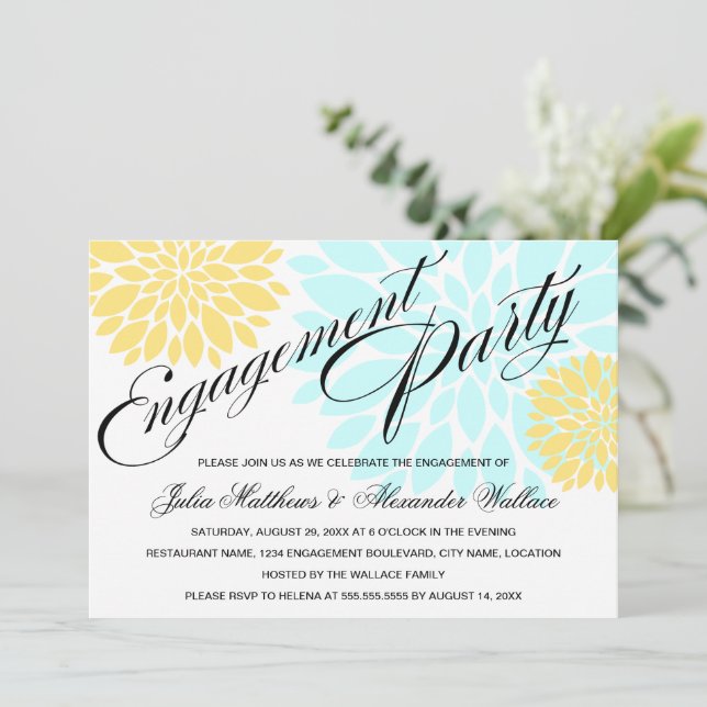 Elegante Aqua Yellow Floral Burst Engagement Party Einladung (Stehend Vorderseite)