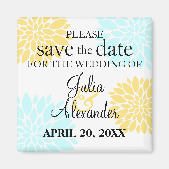 Elegante Aqua Yellow Floral Burst Save the Date Magnet (Vorne)