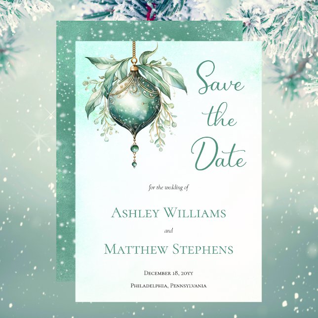 Elegante Aquamarin Bauble Holiday Wedding Save the Date (Elegant Teal Bauble Holiday Wedding Save the Date)